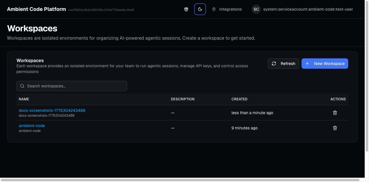 Workspaces page